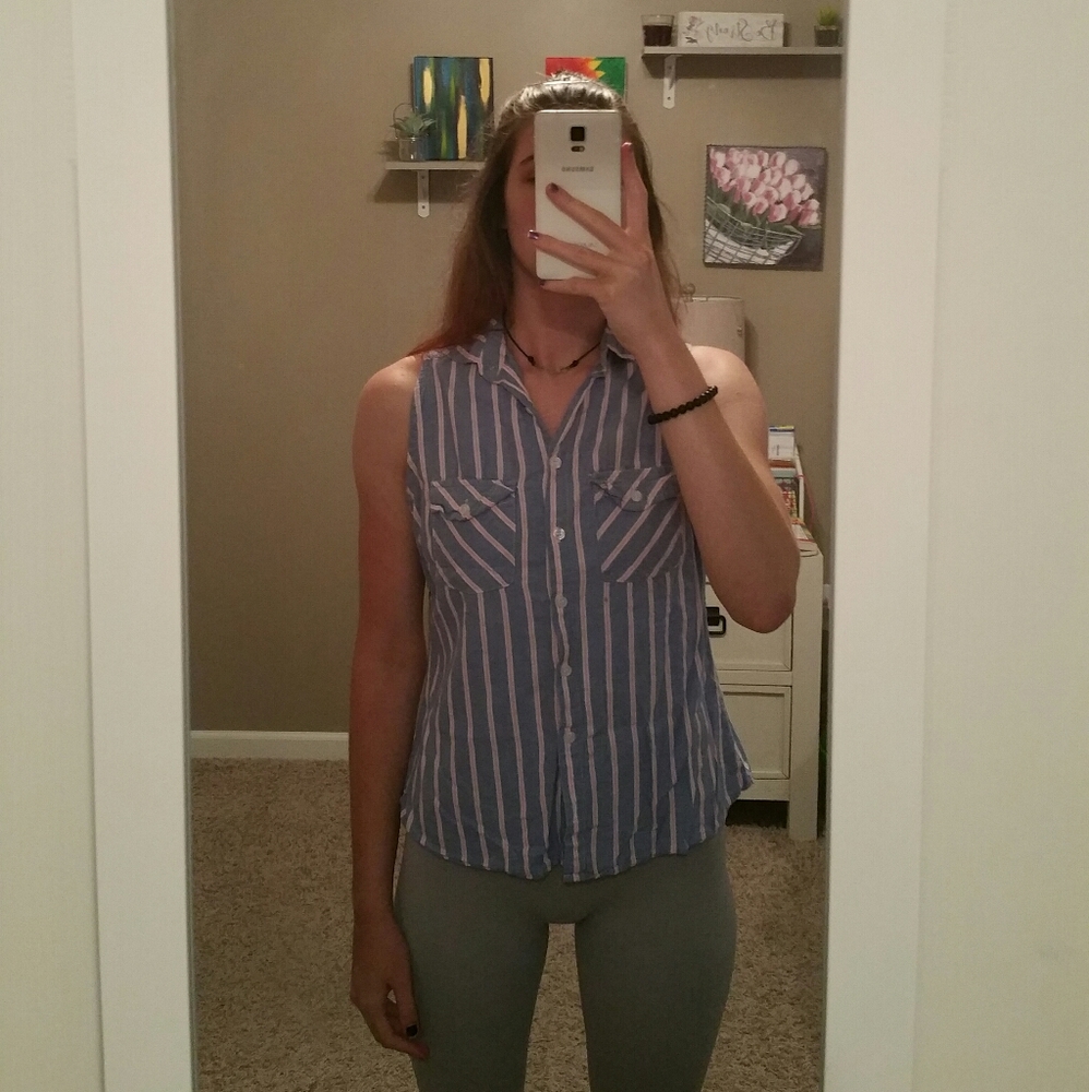 Blue button up tank with pink stripes